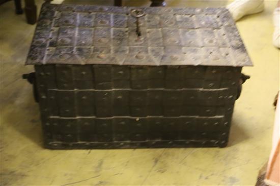 An 18th century iron Armada chest with loop handles and original key, W.72cm, D.40cm, H.36cm